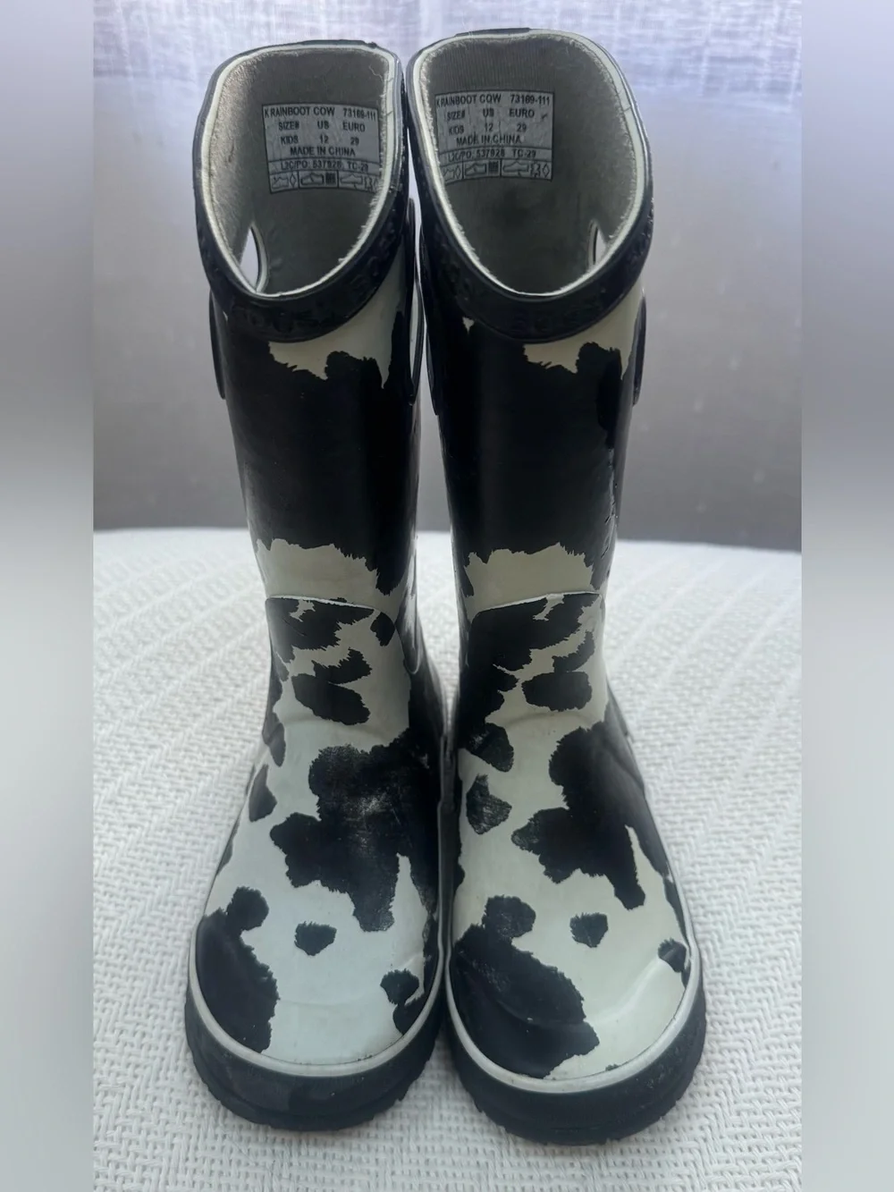 Bogs Kids Sz 12 Black and White Cow Print Rain Boots